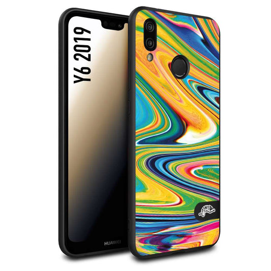 CUSTOMIZZA - Custodia cover nera morbida in tpu compatibile per Huawei Y6 2019 colorata fantasia vortice marmo arcobaleno gialla verde blu