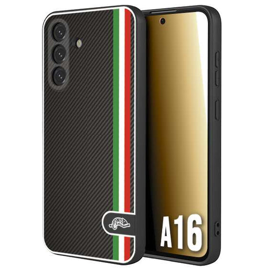 CUSTOMIZZA - Custodia cover nera morbida in tpu compatibile per Samsung A16 effetto fibra di carbonio bandiera Italia made in Italy