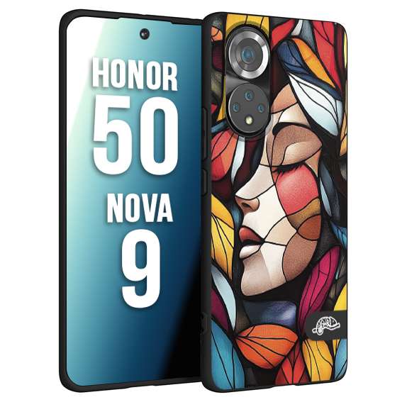 CUSTOMIZZA - Custodia cover nera morbida in tpu compatibile per Huawei Nova 9 - Honor 50 Vetrata artistica volto di donna profilo fogliare mosaico di vetro colorato