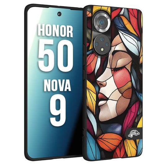 CUSTOMIZZA - Custodia cover nera morbida in tpu compatibile per Huawei Nova 9 - Honor 50 Vetrata artistica volto di donna profilo fogliare mosaico di vetro colorato