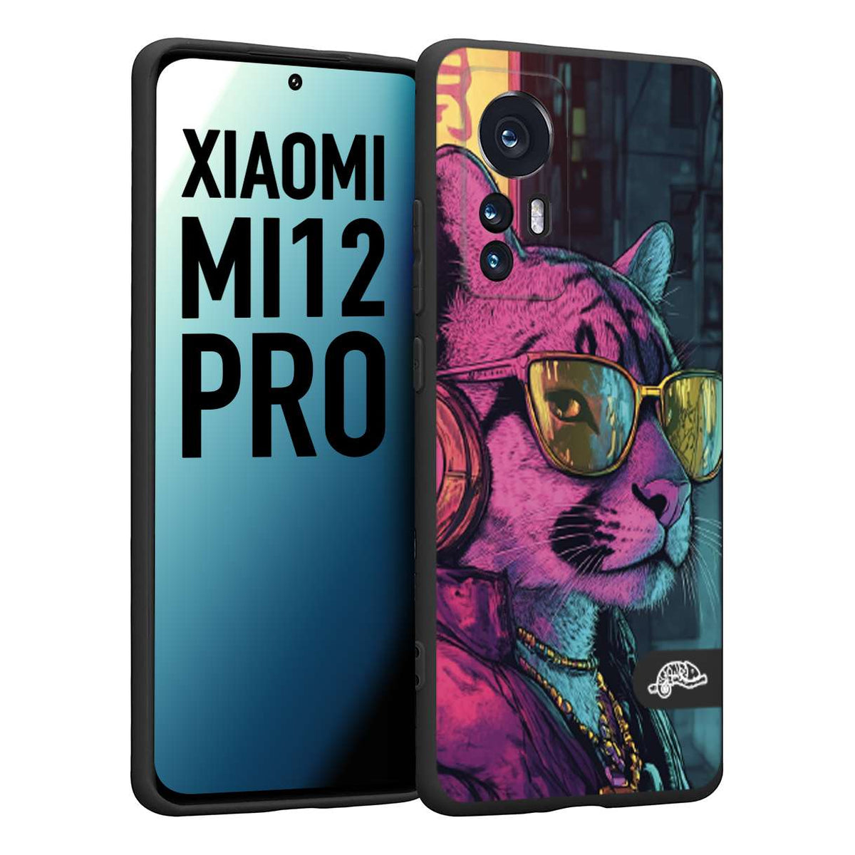 CUSTOMIZZA - Custodia cover nera morbida in tpu compatibile per Xiaomi 12 PRO animali cyberpunk pantera street cat fucsia blu giallo
