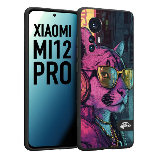 CUSTOMIZZA - Custodia cover nera morbida in tpu compatibile per Xiaomi 12 PRO animali cyberpunk pantera street cat fucsia blu giallo