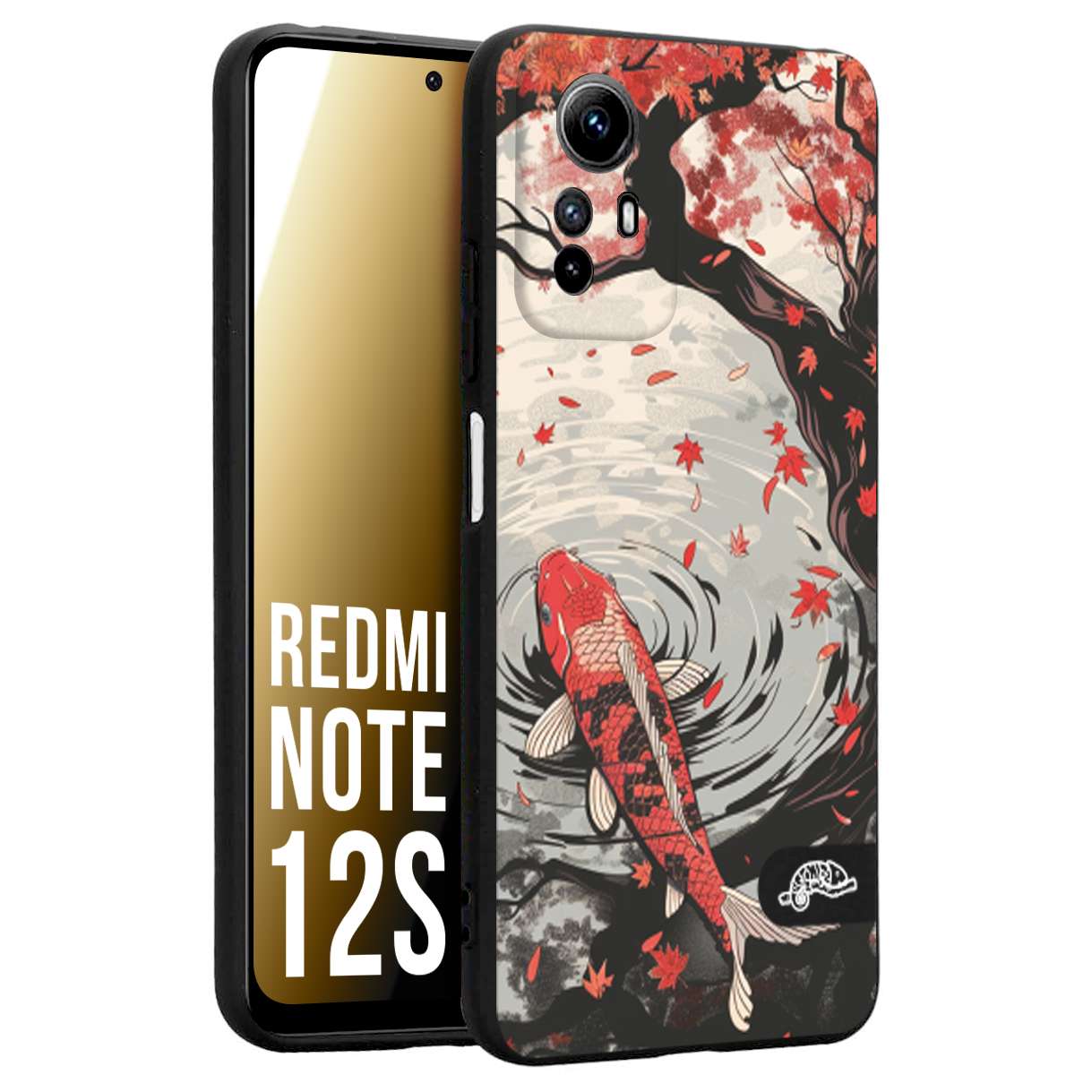 CUSTOMIZZA - Custodia cover nera morbida in tpu compatibile per Xiaomi Redmi Note 12S giapponese lago carpa koi rossa con foglie d'acero rosso disegnata tattoo