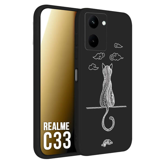 CUSTOMIZZA - Custodia cover nera morbida in tpu compatibile per Oppo Realme C33 gatto mandala stilizzato gattino a rilievo soft touch donna bianca