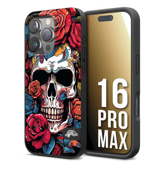 CUSTOMIZZA - Custodia cover nera morbida in tpu compatibile per iPhone 16 PRO MAX teschio skull flowers fiori rose rosse tattoo disegnato