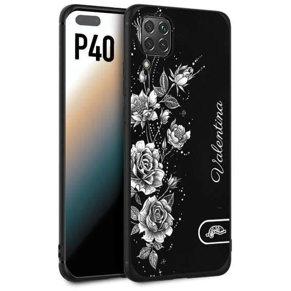 CUSTOMIZZA - Custodia cover nera morbida in tpu compatibile per Huawei P40 a rilievo soft touch personalizzata nome rose fiori donna