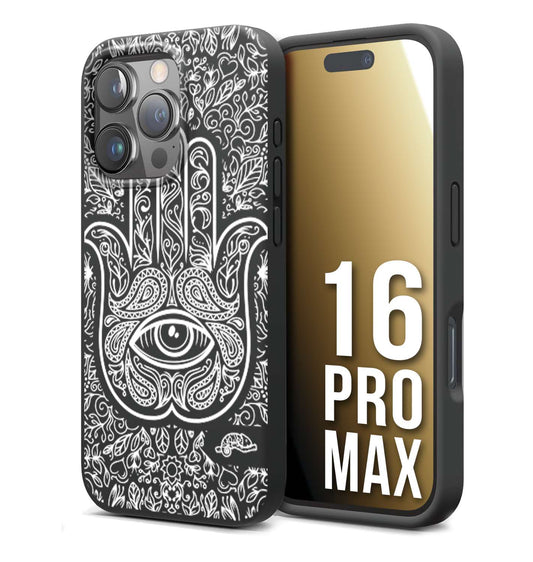 CUSTOMIZZA - Custodia cover nera morbida in tpu compatibile per iPhone 16 PRO MAX mano di fatima effetto rilievo mandala donna