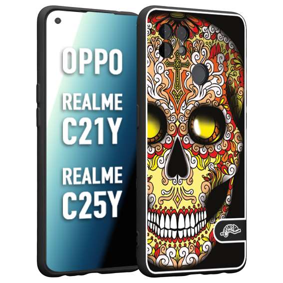 CUSTOMIZZA - Custodia cover nera morbida in tpu compatibile per Oppo Realme C21Y - C25Y teschio messicano Mexican skull giallo rosso arancio