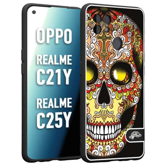 CUSTOMIZZA - Custodia cover nera morbida in tpu compatibile per Oppo Realme C21Y - C25Y teschio messicano Mexican skull giallo rosso arancio