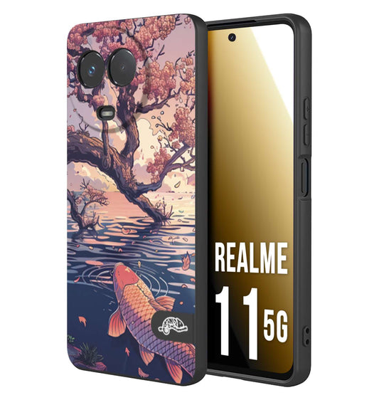 CUSTOMIZZA - Custodia cover nera morbida in tpu compatibile per Realme 11 5G giapponese lago carpa koi rosa con foglie d'acero disegnata tattoo