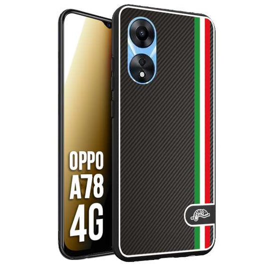 CUSTOMIZZA - Custodia cover nera morbida in tpu compatibile per Oppo A78 4G effetto fibra di carbonio bandiera Italia made in Italy