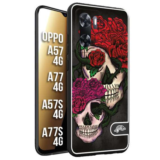 CUSTOMIZZA - Custodia cover nera morbida in tpu compatibile per Oppo A57 - A77 - A57S - A77S (4G) teschi e rose rosse fucsia skull and roses