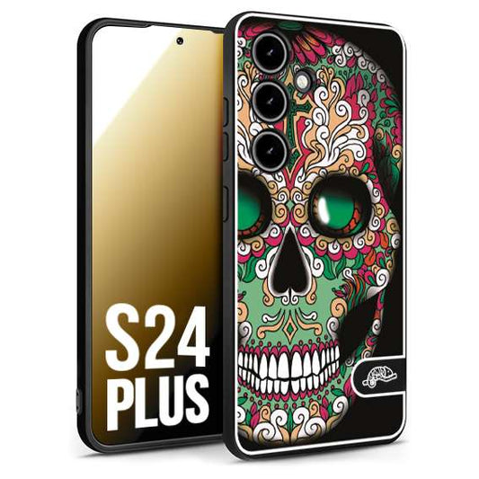 CUSTOMIZZA - Custodia cover nera morbida in tpu compatibile per Samsung S24 PLUS teschio messicano Mexican skull verde fucsia