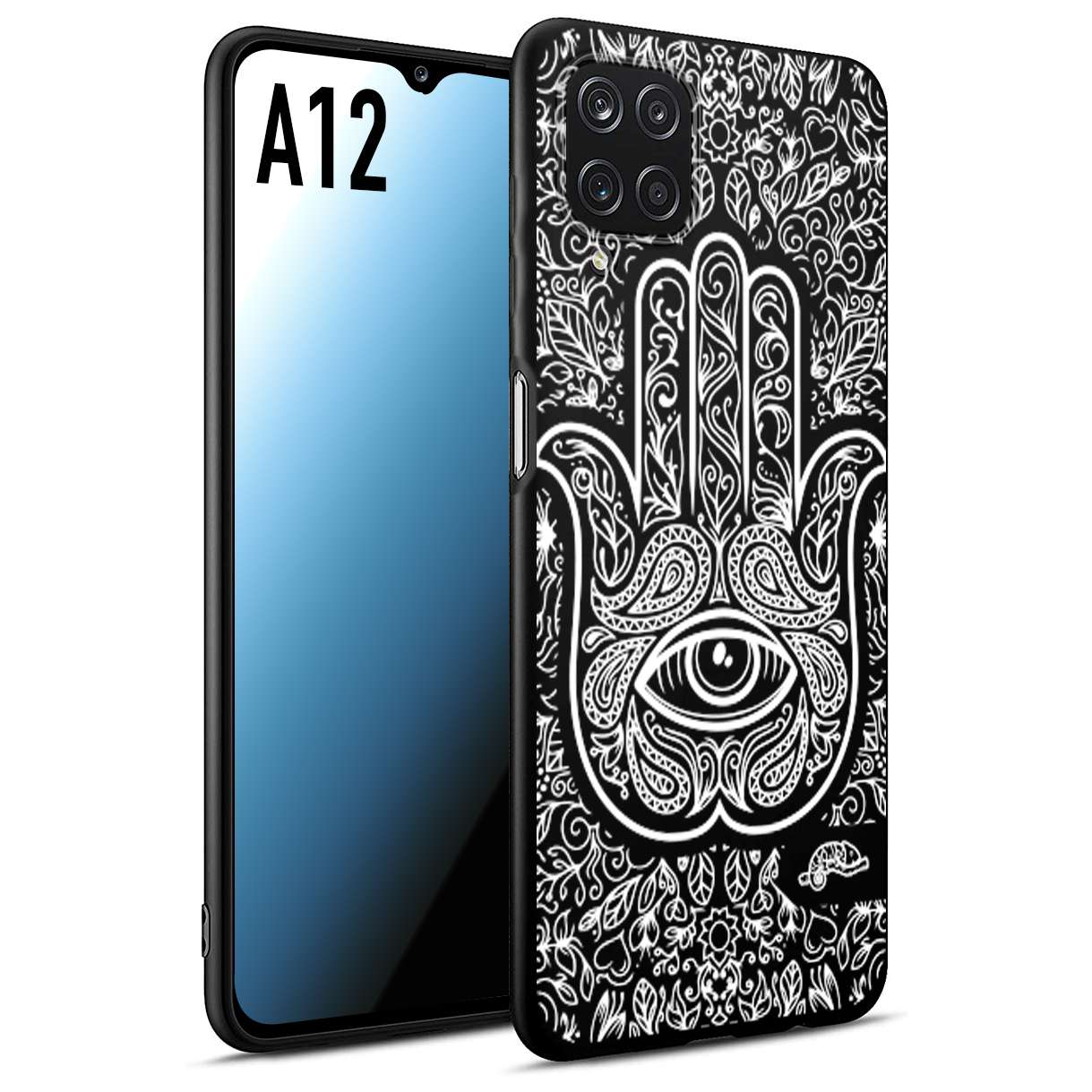 CUSTOMIZZA - Custodia cover nera morbida in tpu compatibile per Samsung A12 mano di fatima effetto rilievo mandala donna