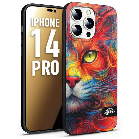 CUSTOMIZZA - Custodia cover nera morbida in tpu compatibile per iPhone 14 PRO animali color cat gatto viso colori vibranti disegnato schizzo