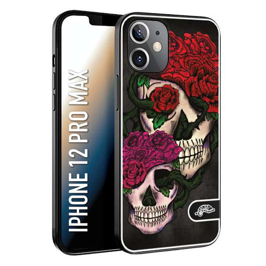 CUSTOMIZZA - Custodia cover nera morbida in tpu compatibile per iPhone 12 PRO MAX teschi e rose rosse fucsia skull and roses