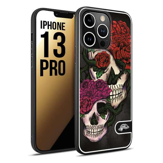 CUSTOMIZZA - Custodia cover nera morbida in tpu compatibile per iPhone 13 PRO teschi e rose rosse fucsia skull and roses