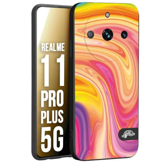 CUSTOMIZZA - Custodia cover nera morbida in tpu compatibile per Oppo Realme 11 PRO PLUS 5G colorata fantasia vortice marmo onde rosa fucsia gialla