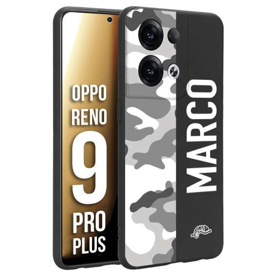 CUSTOMIZZA - Custodia cover nera morbida in tpu compatibile per Oppo Reno 9 PRO PLUS camouflage mimetico militare personalizzata nome bianco