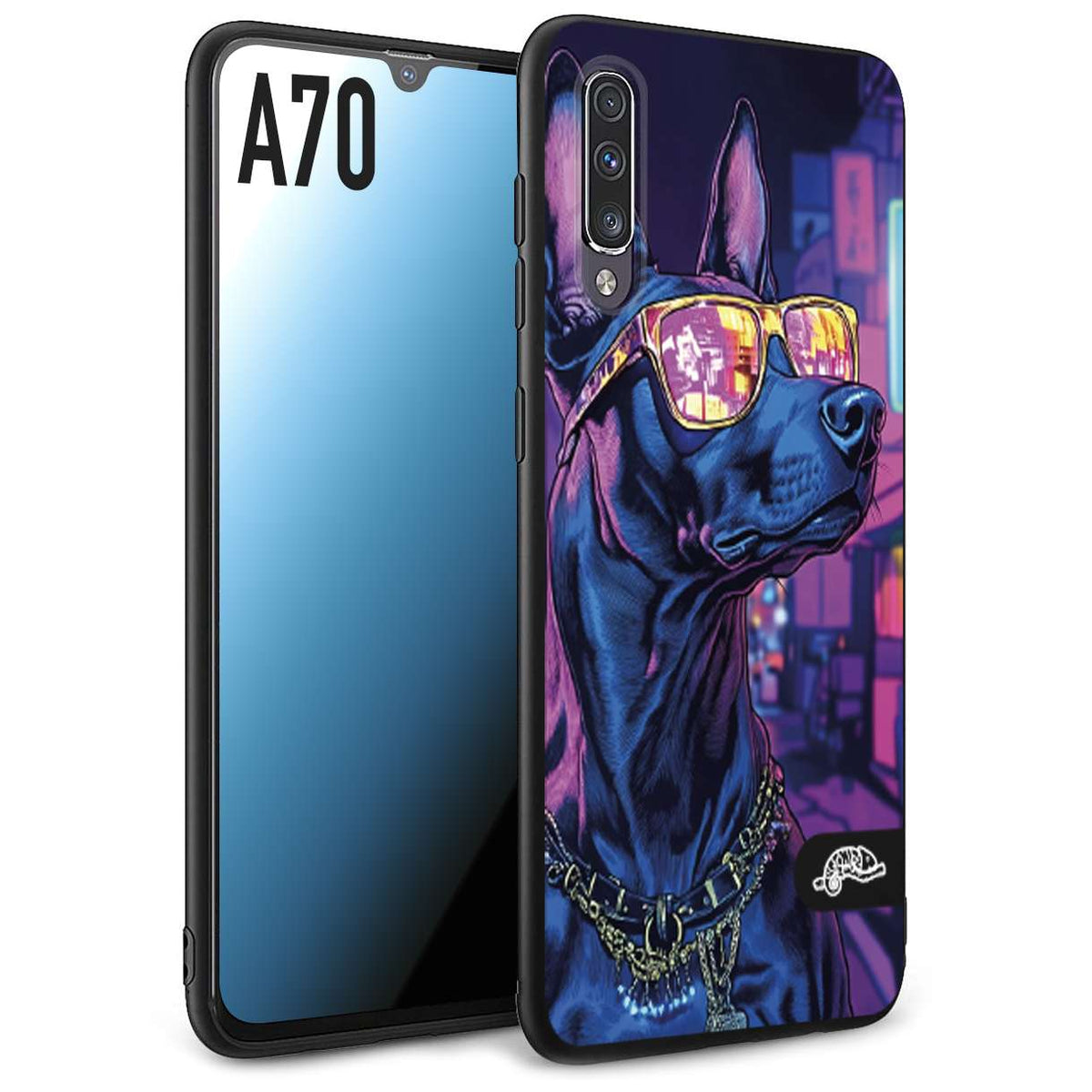 CUSTOMIZZA - Custodia cover nera morbida in tpu compatibile per Samsung A70 animali cyberpunk dobermann cane street dog fucsia blu night