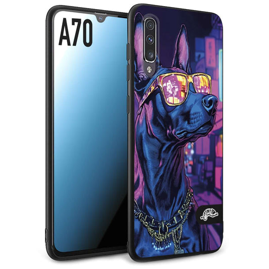 CUSTOMIZZA - Custodia cover nera morbida in tpu compatibile per Samsung A70 animali cyberpunk dobermann cane street dog fucsia blu night