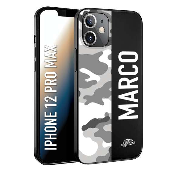 CUSTOMIZZA - Custodia cover nera morbida in tpu compatibile per iPhone 12 PRO MAX camouflage mimetico militare personalizzata nome bianco