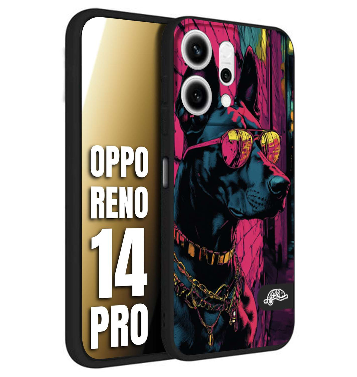 CUSTOMIZZA - Custodia cover nera morbida in tpu compatibile per Oppo Reno 14 PRO animali cyberpunk dobermann cane street dog fucsia blu
