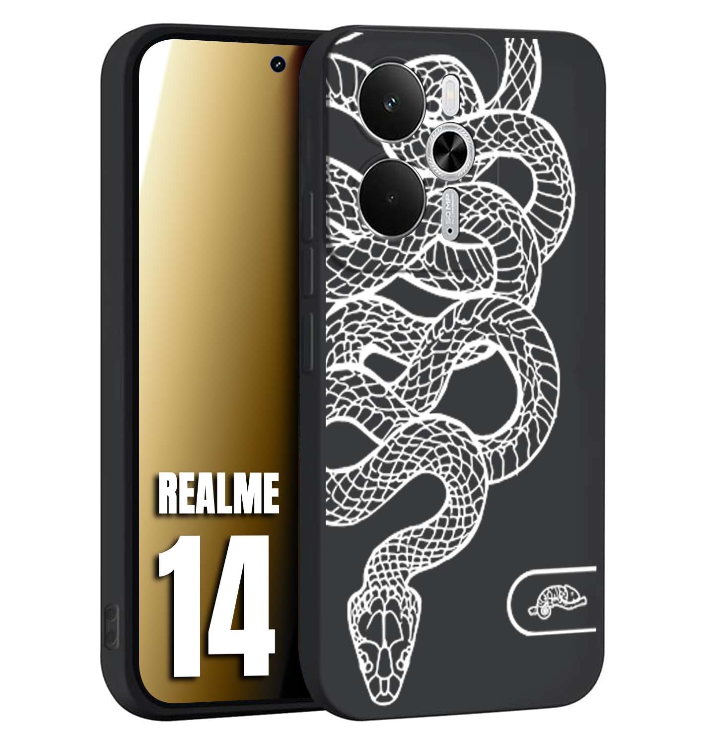 CUSTOMIZZA - Custodia cover nera morbida in tpu compatibile per Realme 14 5G serpente snake bianco a rilievo disegnato tattoo tatuaggio