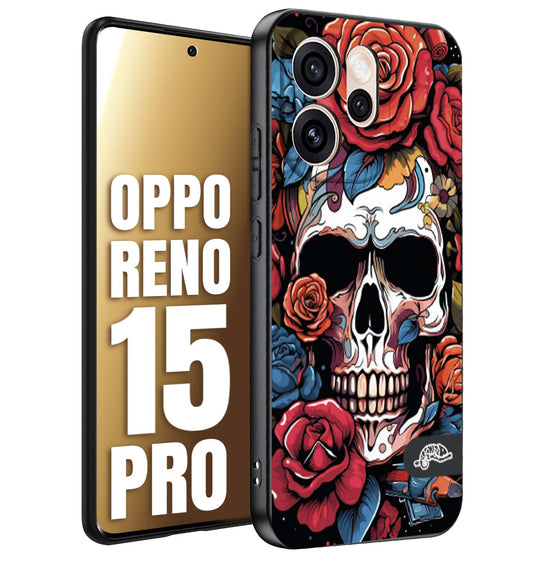 CUSTOMIZZA - Custodia cover nera morbida in tpu compatibile per Oppo Reno 15 PRO teschio skull flowers fiori rose rosse tattoo disegnato