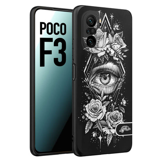 CUSTOMIZZA - Custodia cover nera morbida in tpu compatibile per Xiaomi Poco F3 occhio fiori rombo geometrico black and white bianco a rilievo disegnato tattoo tatuaggio