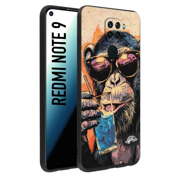 CUSTOMIZZA - Custodia cover nera morbida in tpu compatibile per Xiaomi Redmi Note 9 estate disegnata cocktails animali simpatici scimmia monkey negroni