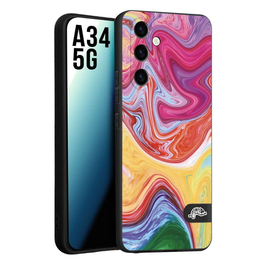 CUSTOMIZZA - Custodia cover nera morbida in tpu compatibile per Samsung A34 5G colorata fantasia vortice marmo onde verde fucsia gialla