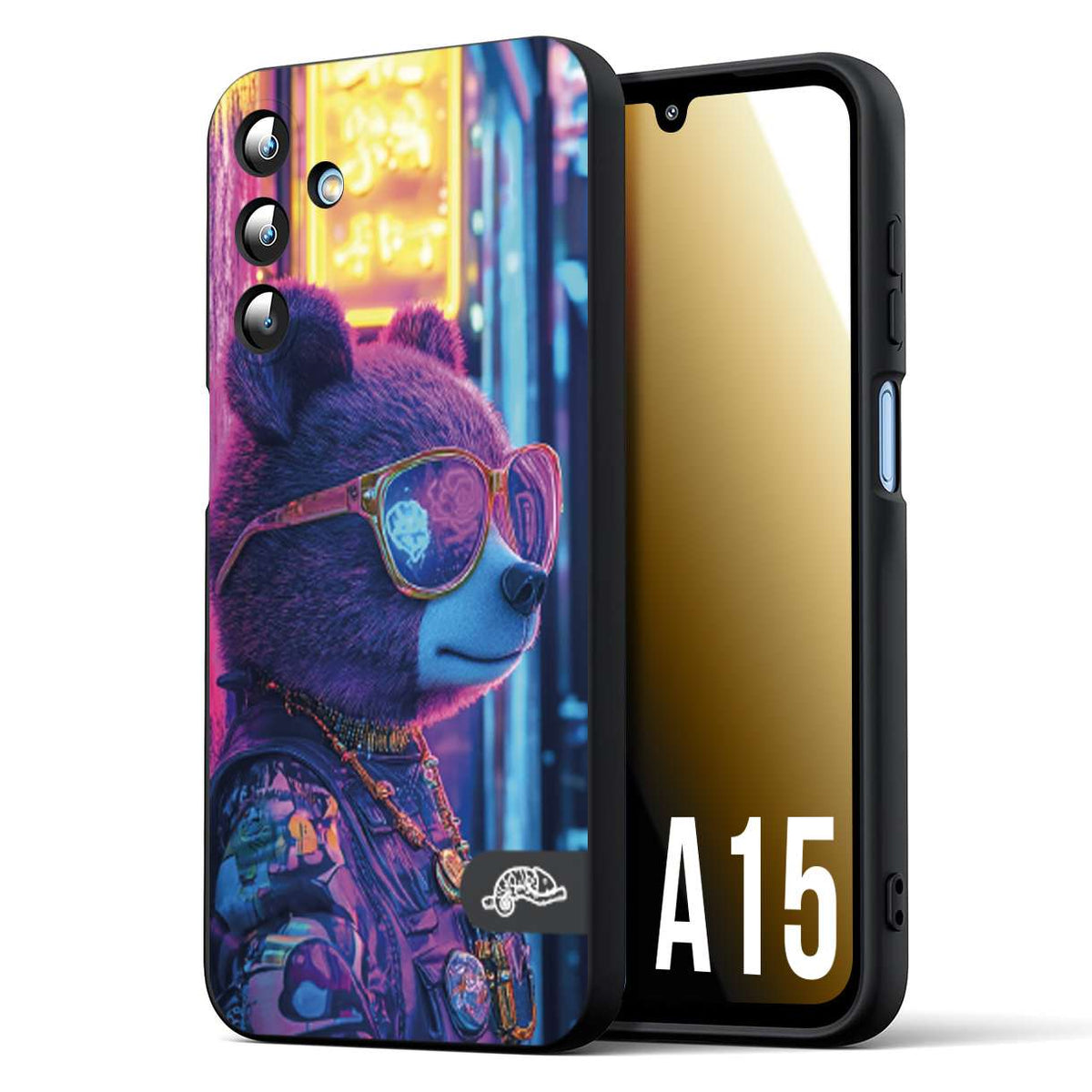 CUSTOMIZZA - Custodia cover nera morbida in tpu compatibile per Samsung A15 5G animali cyberpunk orsetto orso street bear fucsia blu night