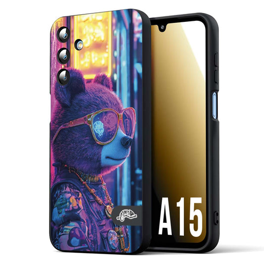 CUSTOMIZZA - Custodia cover nera morbida in tpu compatibile per Samsung A15 5G animali cyberpunk orsetto orso street bear fucsia blu night