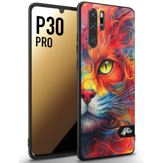 CUSTOMIZZA - Custodia cover nera morbida in tpu compatibile per Huawei P30 PRO animali color cat gatto viso colori vibranti disegnato schizzo