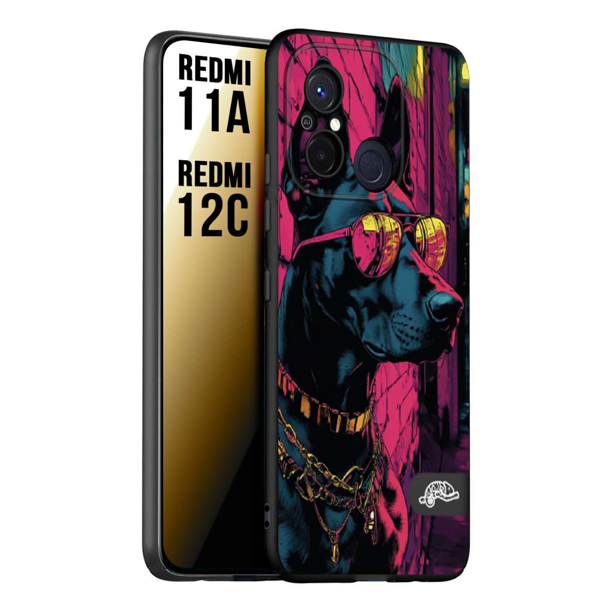 CUSTOMIZZA - Custodia cover nera morbida in tpu compatibile per Xiaomi Redmi 11A - 12C animali cyberpunk dobermann cane street dog fucsia blu