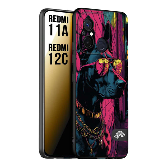 CUSTOMIZZA - Custodia cover nera morbida in tpu compatibile per Xiaomi Redmi 11A - 12C animali cyberpunk dobermann cane street dog fucsia blu