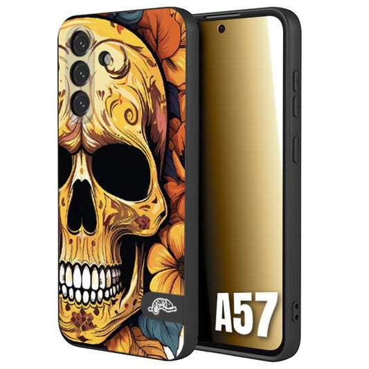 CUSTOMIZZA - Custodia cover nera morbida in tpu compatibile per Samsung A57 teschio messicano colorato dorato fiori autunnali disegnato