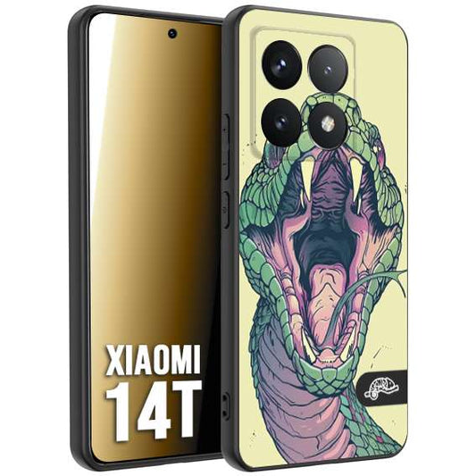 CUSTOMIZZA - Custodia cover nera morbida in tpu compatibile per Xiaomi 14T snake yellow green serpente tatuaggio tattoo disegnato a mano