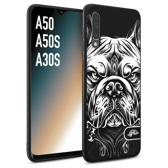 CUSTOMIZZA - Custodia cover nera morbida in tpu compatibile per Samsung A50 - A50S - A30S bulldog bianco a rilievo disegnato tattoo tatuaggio