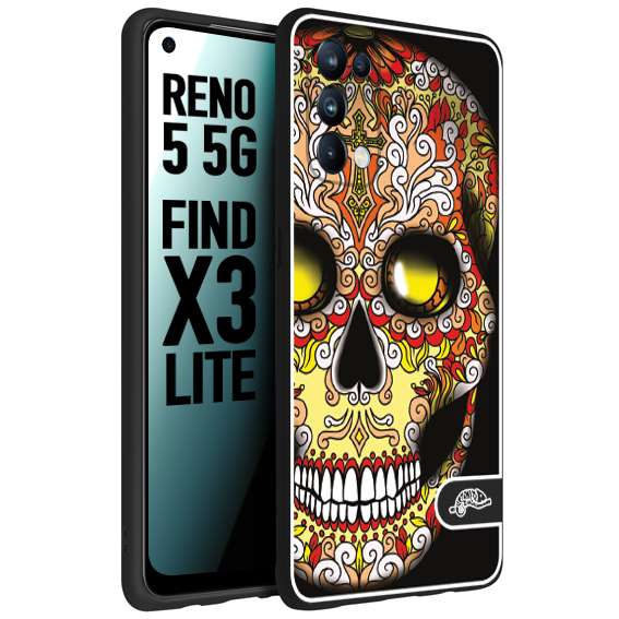 CUSTOMIZZA - Custodia cover nera morbida in tpu compatibile per Oppo Reno 5 5G teschio messicano Mexican skull giallo rosso arancio