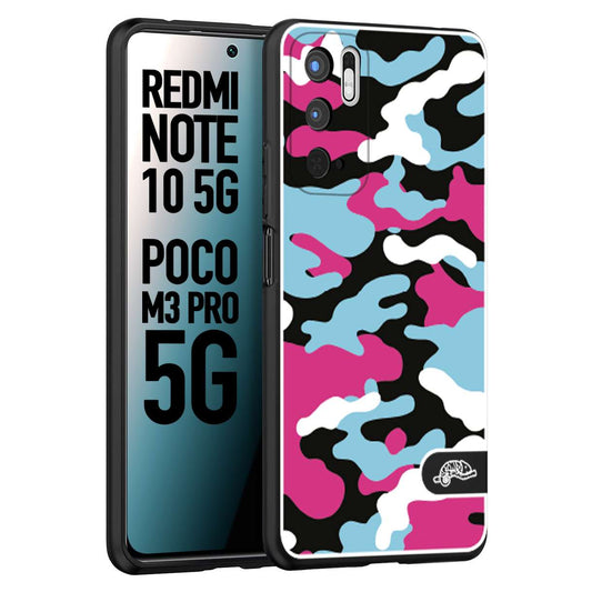 CUSTOMIZZA - Custodia cover nera morbida in tpu compatibile per Xiaomi Redmi Note 10 5G - Poco M3 Pro 5G camouflage mimetico militare fucsia celeste