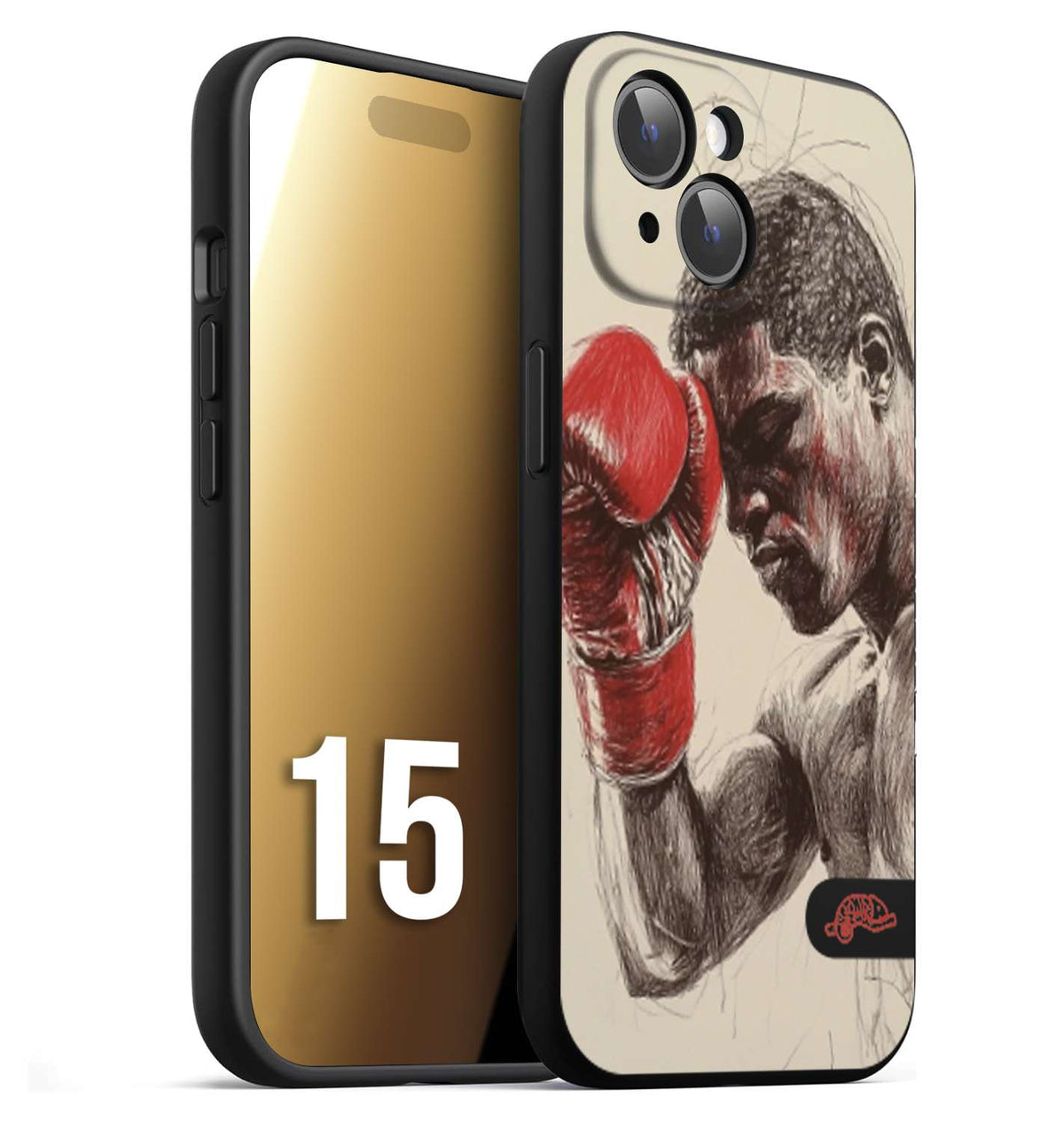 CUSTOMIZZA - Custodia cover nera morbida in tpu compatibile per iPhone 15 pugilato pugili disegno tattoo guantoni boxer pesi massimi