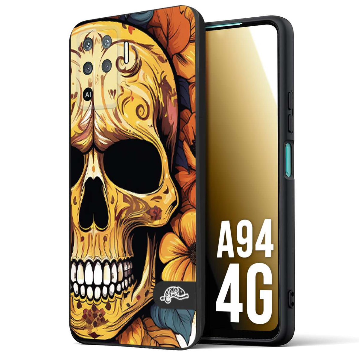 CUSTOMIZZA - Custodia cover nera morbida in tpu compatibile per Oppo A94 4G teschio messicano colorato dorato fiori autunnali disegnato