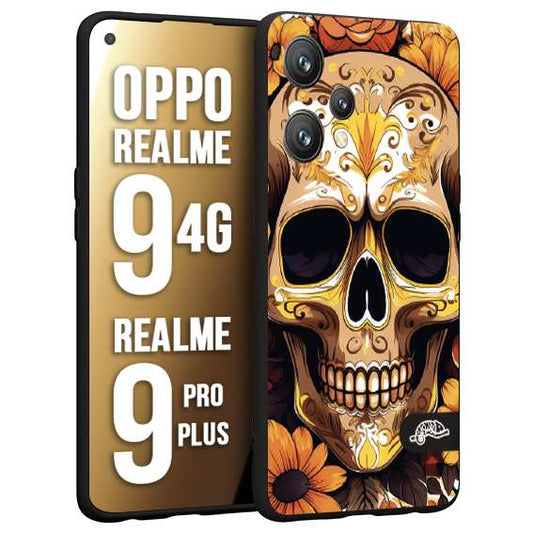 CUSTOMIZZA - Custodia cover nera morbida in tpu compatibile per Realme 9 4G - 9 PRO PLUS teschio messicano colorato dorato fiori tattoo disegnato