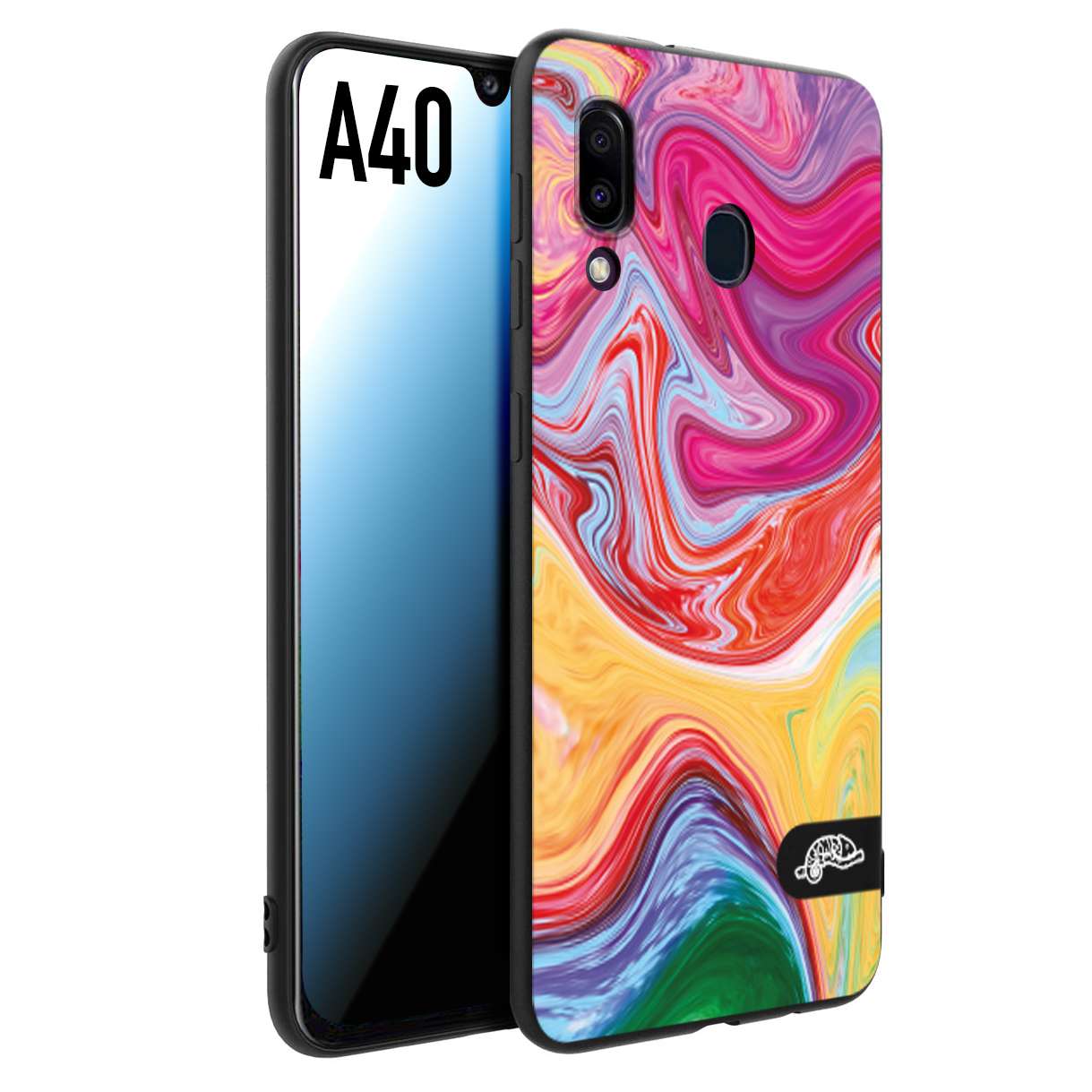 CUSTOMIZZA - Custodia cover nera morbida in tpu compatibile per Samsung A40 colorata fantasia vortice marmo onde verde fucsia gialla