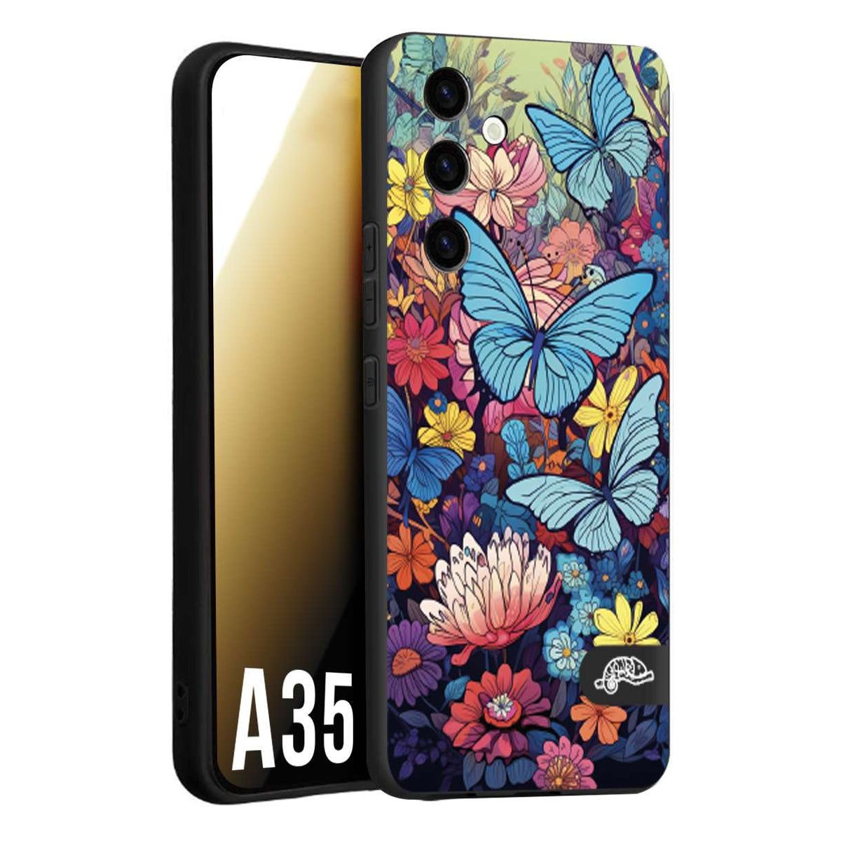 CUSTOMIZZA - Custodia cover nera morbida in tpu compatibile per Samsung A35 5G farfalle butterfly moderno donna disegnate gialla blu rosa