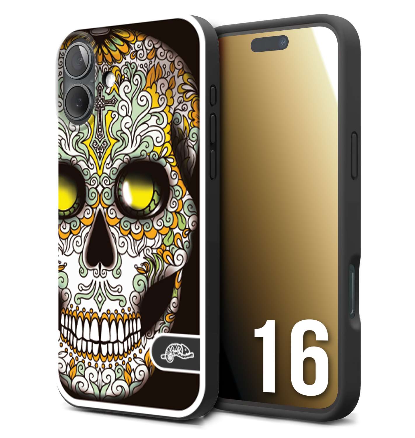 CUSTOMIZZA - Custodia cover nera morbida in tpu compatibile per iPhone 16 teschio messicano Mexican skull bianco verde giallo