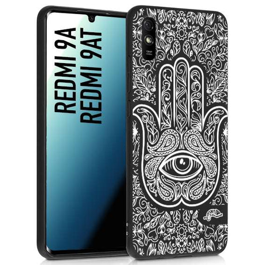 CUSTOMIZZA - Custodia cover nera morbida in tpu compatibile per Xiaomi Redmi 9A - 9AT mano di fatima effetto rilievo mandala donna