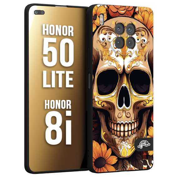 CUSTOMIZZA - Custodia cover nera morbida in tpu compatibile per Honor 8i - Honor 50 LITE teschio messicano colorato dorato fiori tattoo disegnato